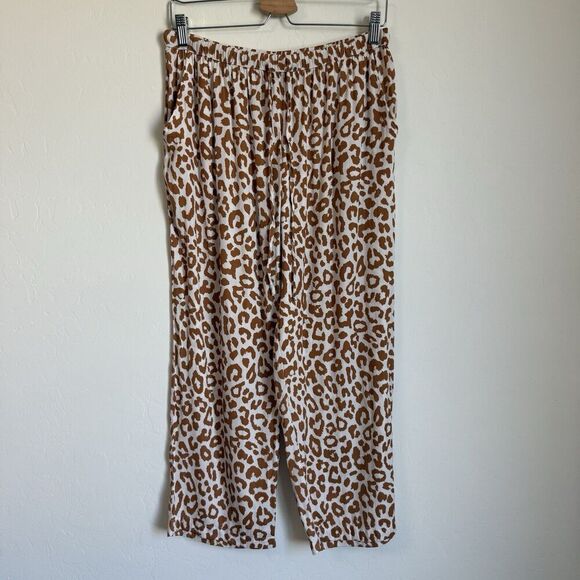 Van Winkle & Co Boho Brown Leopard Satin Wide Leg Pajama Set Large Animal Print - Picture 8 of 12